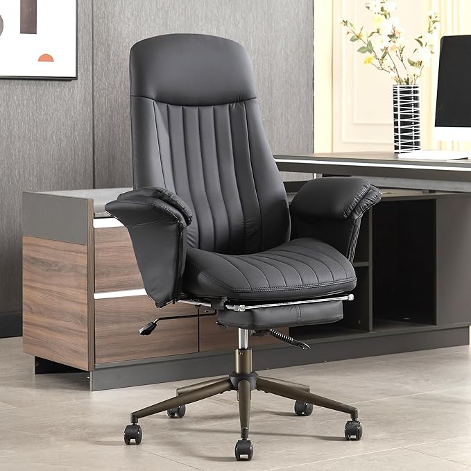 Home Office Desk Chair with Foot Rest, High Back Office Ergonomic Computer Chair with Lumbar Support Adjustable Height Rolling Swivel Chair Executive Task Armrests Black Leather