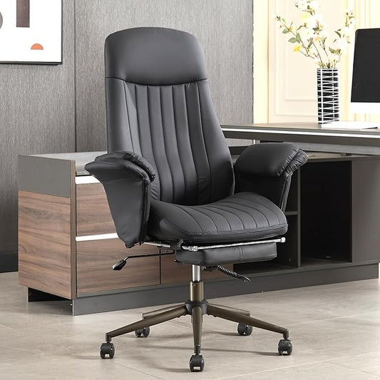 Home Office Desk Chair with Foot Rest, High Back Office Ergonomic Computer Chair with Lumbar Support Adjustable Height Rolling Swivel Chair Executive Task Armrests Black Leather
