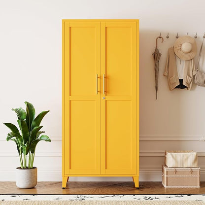Metal Storage Cabinet with Lock,Yellow Steel Tool Cabinet with 3 Adjustable Shelves,61 Tall Freestanding Heavy Duty Garage Locker for Home Office Kitchen 61" H X 27.6" W X 13.8" D