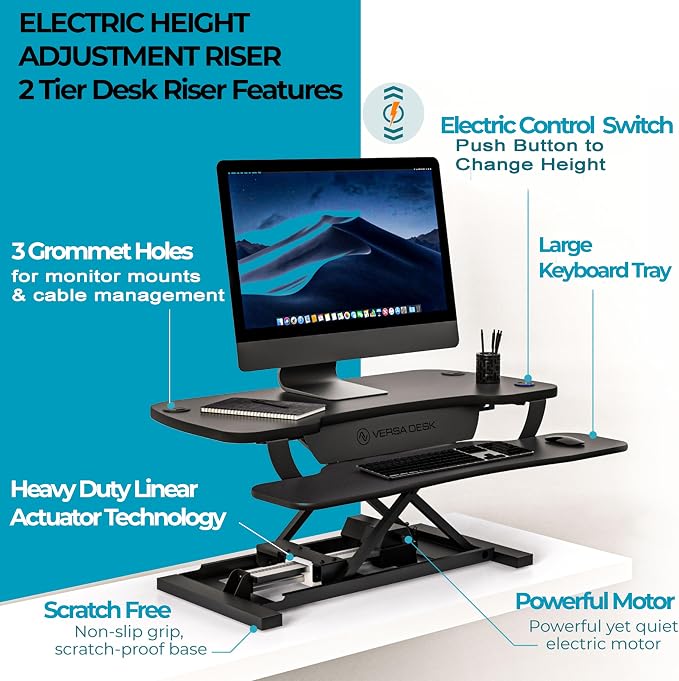 VERSADESK PowerPro 48 Inch Electric Standing Desk Converter – Push-Button Height Adjustable Sit to Stand Desk Riser for Multiple Monitors – Motorized Desktop Workstation with Wide Keyboard Tray, Black
