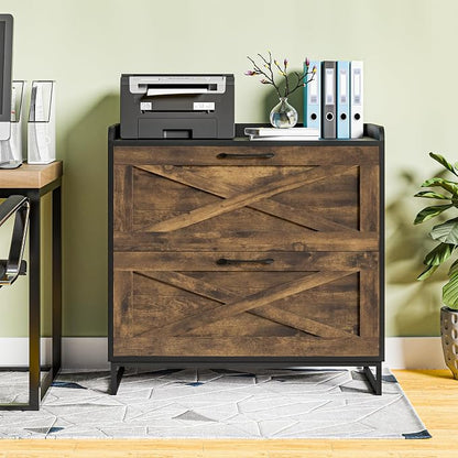 Vabches Lateral File Cabinet 2 Drawers File Cabinet with Charging Station, Modern Farmhouse Large Wood Home Office Furniture, Rustic Brown and Black