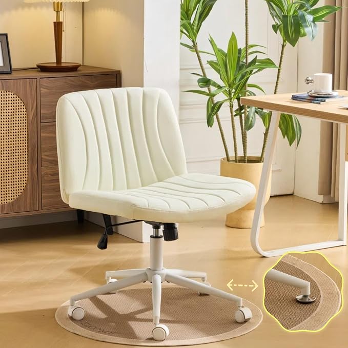 VINGLI Criss Cross Legged Chair,Wide Comfy Office Desk Chair,Dual-Use with/no Wheels Computer Task Chair,Swivel Armless Vanity Rolling Chair for Study,Make Up,Home Office,Cat Scratch PU Leather,Beige