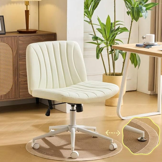 VINGLI Criss Cross Legged Chair,Wide Comfy Office Desk Chair,Dual-Use with/no Wheels Computer Task Chair,Swivel Armless Vanity Rolling Chair for Study,Make Up,Home Office,Cat Scratch PU Leather,Beige