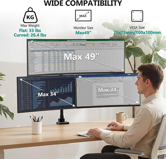 WALI Triple Monitor Mount for up to 49 inch Ultrawides on Top Bracket and 34 inch Screens on Side Brackets, Tall Triple Monitor Stand for Desk, Heavy Duty Monitor Arm up to 33 lbs (GSDM003XLN), Black