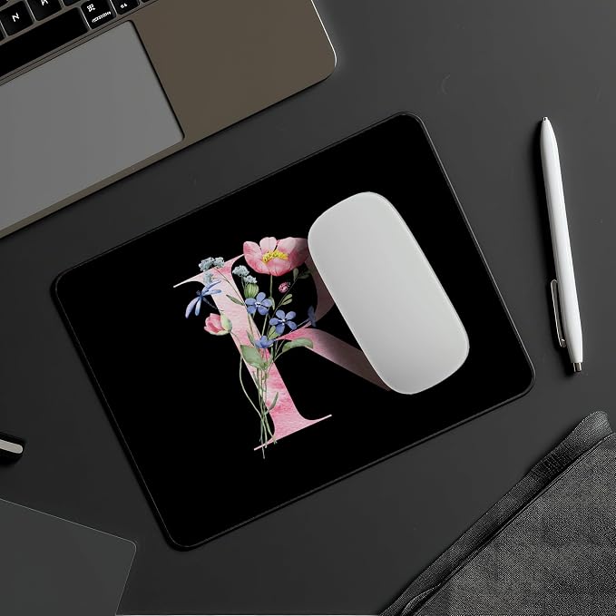Mouse Pad Pinks Flowers Initial Letters Mousepad Desktop Laptop Computer Accessories Home Office Gaming Work Desk Computer Non-Slip Rubber Monogram Floral Alphabet A-Z mousepad (R)
