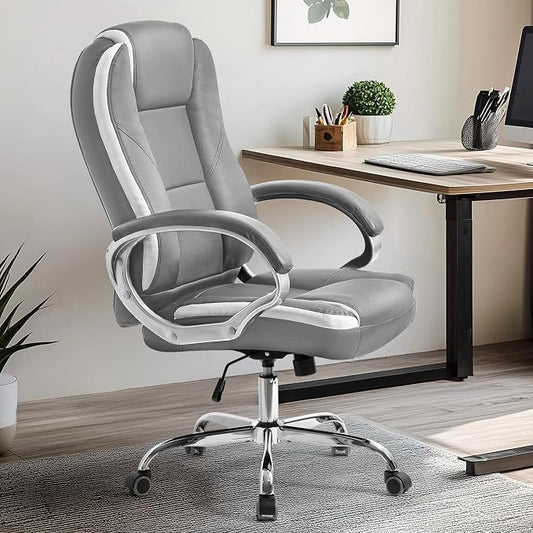 NEO CHAIR Office Desk Ergonomic Gaming Computer Chair High Back Adjustable PU Leather with Lumbar Support, Swivel Rolling Wheels, Executive Managerial Task Chair (Grey)