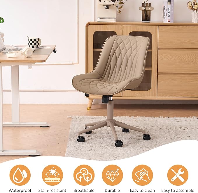 YOUNIKE Faux Leather Ergonomic Office Chair Armless Comfy Desk Chair with Rocking Back Cute Swivel Vanity Chair with Wheels Height Adjustable Small Computer Task Chair for Sewing Drafting Khaki