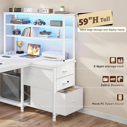 L Shaped White Desk with Aluminum LED Lights, 3 Silent Fabric Drawers & Shelf, Reversible Gaming Desk with Power Charging Station and PC Stand of Home Office Desk,Vanity Desk for Bedroom,White