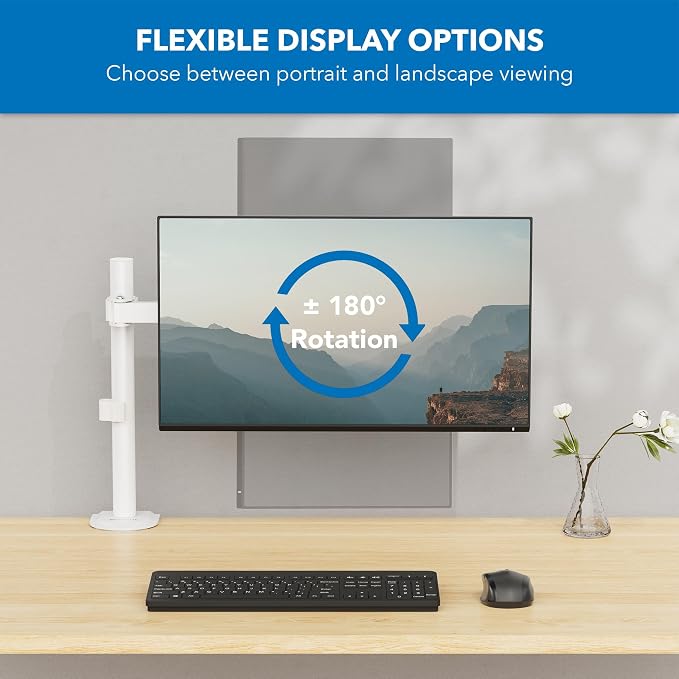 Mount-It! Single Monitor Arm 17" to 32", Full Motion Adjustment with Tilt, Rotation, Swivel, Height Adjustment Along Pole, Clamp or Grommet Mounting, Monitor Desk Mount VESA 75x75 and 100x100, White
