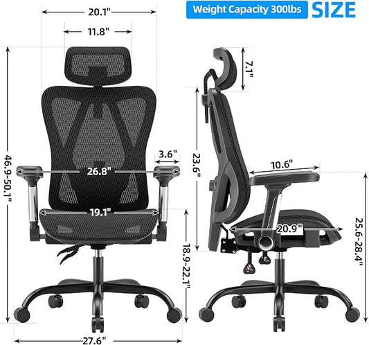 Ergonomic Office Chair, Breathable Mesh Back and Seat, High Back Desk Chair with Adjustable Lumbar Support, 5D Armrests, 135° Reclining Backrest, 2D Headrest, Home Office Computer Chair