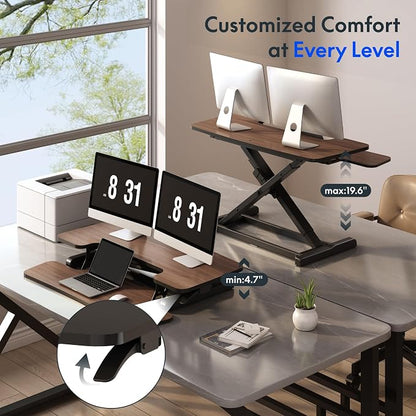 FLEXISPOT Standing Desk Converter 42" Premium Large Desk Riser for Triple Monitor, Spacious Desktop Sit Stand Workstation with Ergonomic Height Adjustment, Modern Stand Up Desk Riser, Walnut