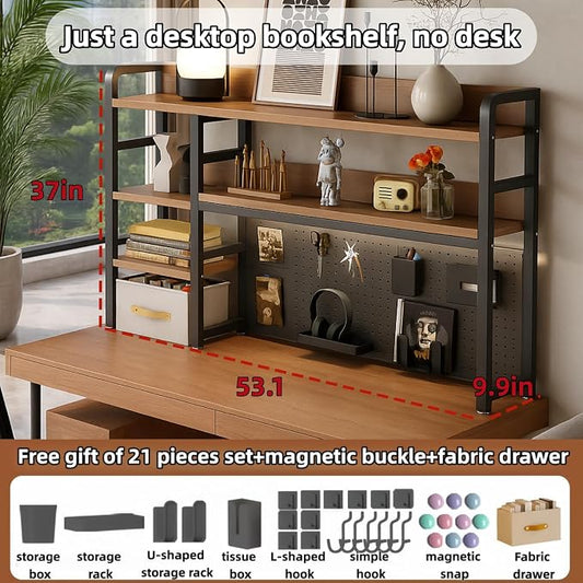 Desktop Bookshelf, pegboard Storage and Organization Rack, Dorm Desk Shelf, Desk Hutch, Desktop Storage for Office, Study, Student Display Rack,Desktop Shelves (Black+Walnut 53.1" Lx9.9 Wx37 H)