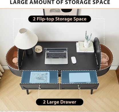 59" Black Home Office Desk, Multiple Storage Wood Writing Desk, MCM Elegant Fluted Table Desk with 2 Flip Hide Storage + 2 Drawer for Apartment (Black)