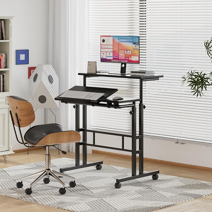 VECELO Mobile Small Standing Desk Adjustable Height, Computer Workstations with Tiltable Tabletop, Lockable Wheels, Portable Rolling Laptop Desk for Home Office, Black
