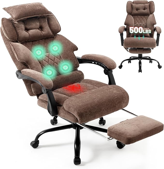 Office Chair with Foot Rest,3D Kneading Massage & Heat Executive Office Chairs for Heavy People,500LBS Big and Tall Office Chair,Ergonomic Reclining Desk Chair,Dual-Use Pillow,Home Office,BrownCloth