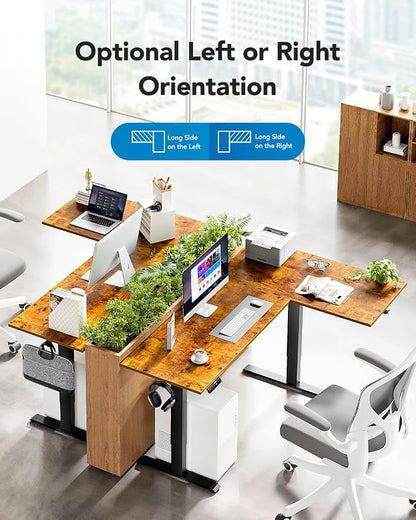 HUANUO Dual Motor 63x40 inch L Shaped Electric Standing Desk with 3 Preset Heights, Electric Height Adjustable Computer Table, 2 Hooks & Cable Tray, Raising Desk for Home Office, Vintage Brown