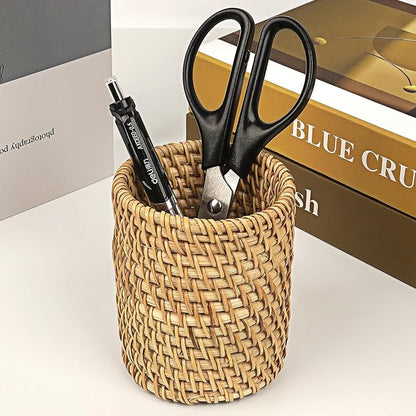 Wicker Rattan Pencil Holder, Cylindrical Desk Organizer Cup, Natural Brown, for Office, Vanity, Kitchen, 1-Pack