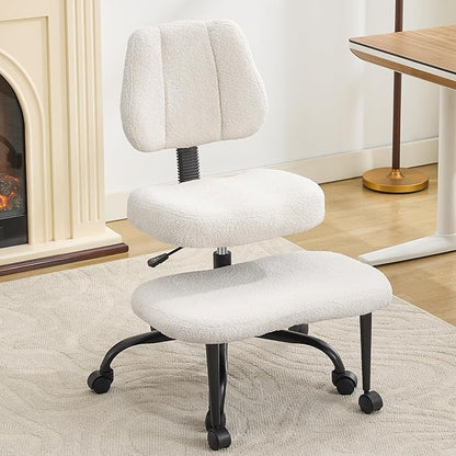 Ergonomic Cross Legged Office Chair for ADHD Adults, Criss Cross Desk Chair with Back Support, Swivel Meditation Chair with Wheels, Adjustable Height (White, Teddy Fabric)