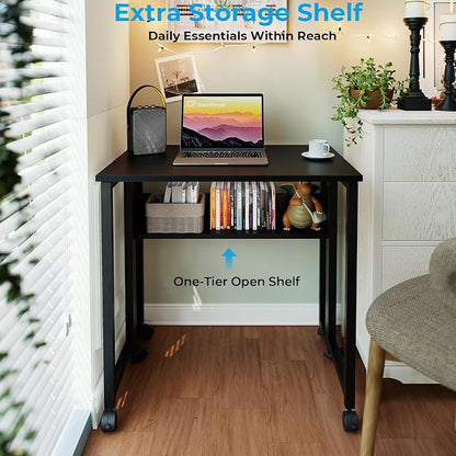 GreenForest Folding Desk with Wheels, 24.8 Inch Compact Rolling Computer Table with Storage Shelf, Portable Mobile Workstation for Small Spaces, Easy Assembly, Black