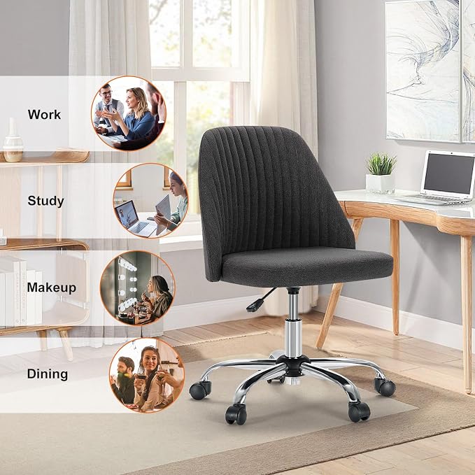 Sweetcrispy Armless Vanity Chair, Cute Comfy Home Office Desk Chair with Wheels, Modern Upholstered Task Computer Seat for Bedroom, Study, Makeup Vanity, Height Adjustable & Swivel, Deep Gray