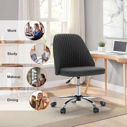 Sweetcrispy Armless Vanity Chair, Cute Comfy Home Office Desk Chair with Wheels, Modern Upholstered Task Computer Seat for Bedroom, Study, Makeup Vanity, Height Adjustable & Swivel, Deep Gray