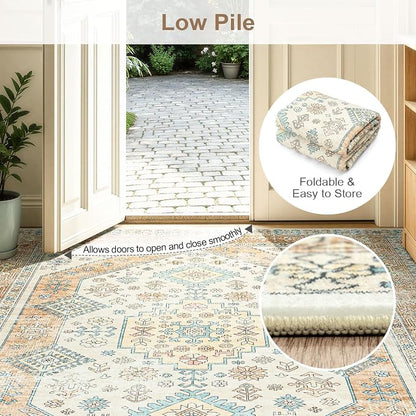 Lofus Vintage Living Room Rugs 8x10, Soft Machine Washable Area Rug for Bedroom Indoor Floor Home Office House Decor, Oriental Traditional Distressed Farmhouse Carpet, Boho Beige and Orange