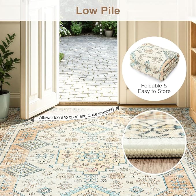 Lofus Vintage Living Room Rugs 5x7, Soft Machine Washable Area Rug for Bedroom Indoor Floor Home Office House Decor, Oriental Traditional Distressed Farmhouse Carpet, Boho Beige and Orange