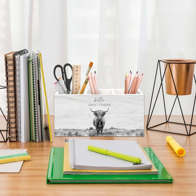 Highland Cow Gifts Pen Holder for Bathroom, Funny Highland Cow Decor Pencil Organizer, Hello Sweet Cheeks Western Rustic Farmhouse Wooden Pen Holder Desk Accessories Decor for Bathroom