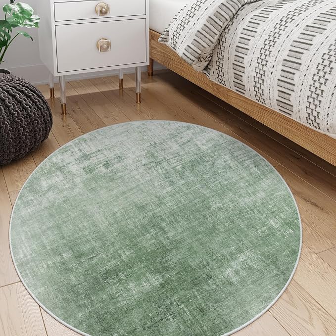 Lahome Abstract Green Round Rug 4ft Round Area Rug, Boho Washable Soft Rugs for Bedroom Circle Entryway Rug, Modern Ombre Non-Slip Carpet for Nursery Living Room Decor(4ft-Round,Green)