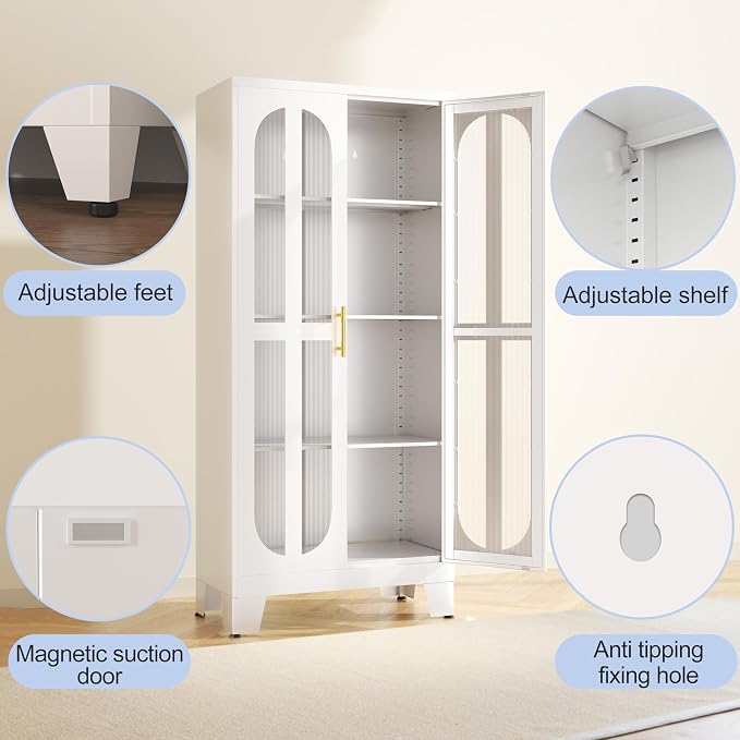 erosoei Metal Kitchen Pantry Storage Cabinet,Food Pantries Cabinets with Acrylic Glass Doors and Adjustable Shelves,Storage Cupboard for Kitchen, Living Room, Laundry Room and Dinning Room 61.02”H
