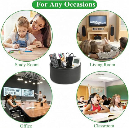 Remote Control Holder, 360°Spinning PU Leather Desk TV Remote Caddy,Desk Storage Box Room Accessories for Controller, Media,Mail,Calculator, Mobile Phone,Pencil(1-Oil Black)