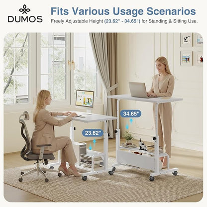 DUMOS 31.5" Mobile Rolling Desk with 2-Tier Storage Shelves, Height Adjustable Computer Desks on Wheels, Portable Rolling Laptop Table for Small Spaces & Home Office White