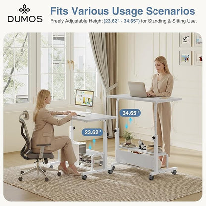 DUMOS 31.5" Mobile Rolling Desk with 2-Tier Storage Shelves, Height Adjustable Computer Desks on Wheels, Portable Rolling Laptop Table for Small Spaces & Home Office White