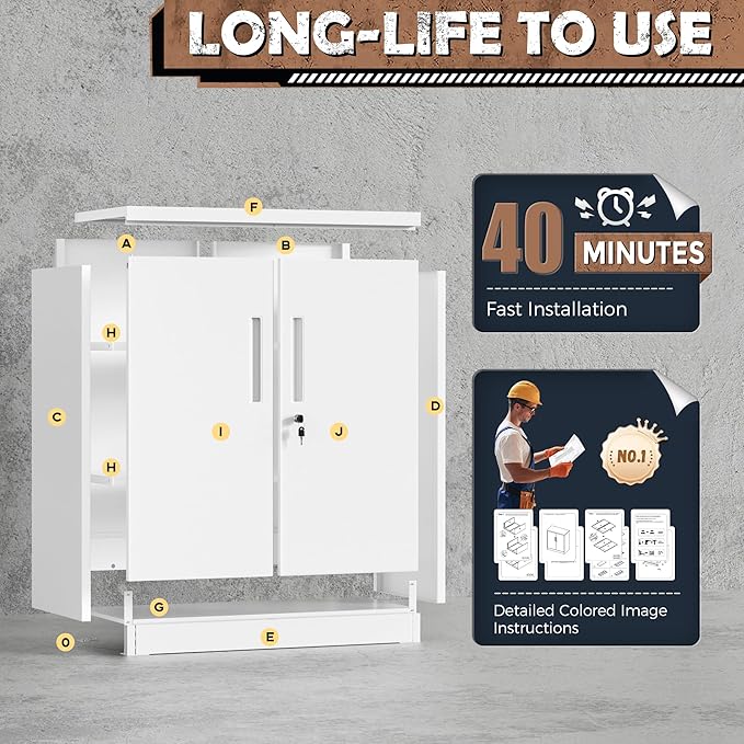 INTERGREAT Metal Garage Storage Cabinet, 36" Locking Counter Cabinet with 2 Locking Doors and 2 Adjustable Shelves, Small Steel Cabinet for for Home Office, Gym, School(White)