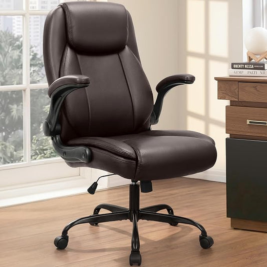 NEO CHAIR Office Desk Gaming Computer Home Chair Ergonomic Executive High Back Support Flip-up Arms Adjustable Height Swivel Rolling Wheels Comfy PU Leather (Brown)