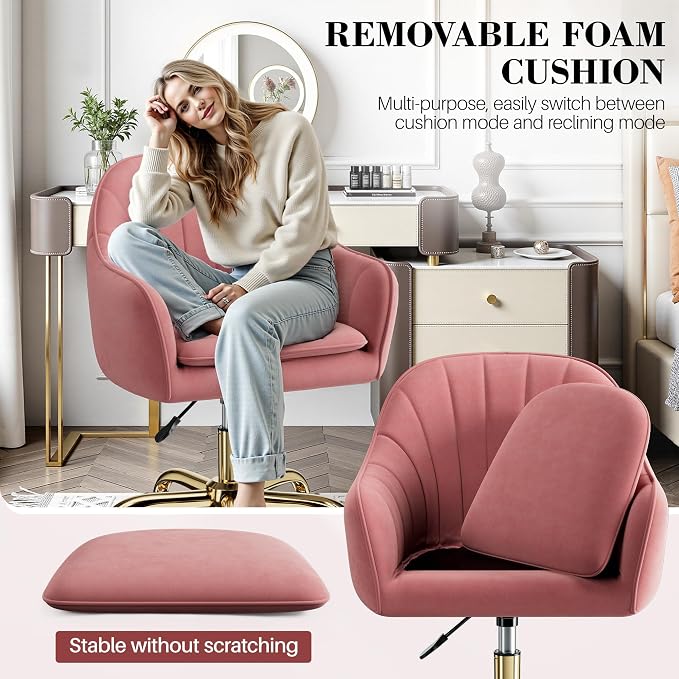 Vanity Chair with Wheels, Comfy Home Office Desk Chairs Adjustable Modern Velvet Makeup Vanity Chairs for Bedroom Living Room-Dusty Rose