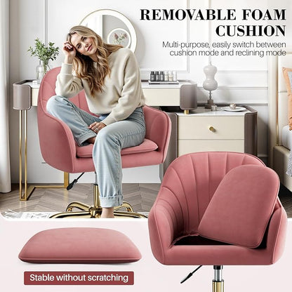 Vanity Chair with Wheels, Comfy Home Office Desk Chairs Adjustable Modern Velvet Makeup Vanity Chairs for Bedroom Living Room-Dusty Rose