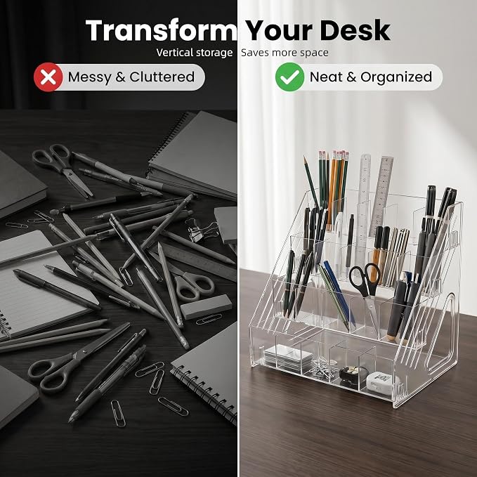 3-Tier Acrylic Desk Organizer, Multi-Slot Marker & Pen Storage Holder, Clear Vertical Desktop Stationery Rack for Small Art Supplies, Compact Office & Home Workspace Organizer