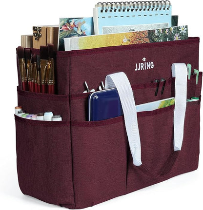 JJRING Craft Organizer Tote Bag, Large Art Storage Caddy with Multiple Pockets, Dark Red Sewing Bag for Art, Craft, Scrapbooking, Medical, and Office Supplies Storage