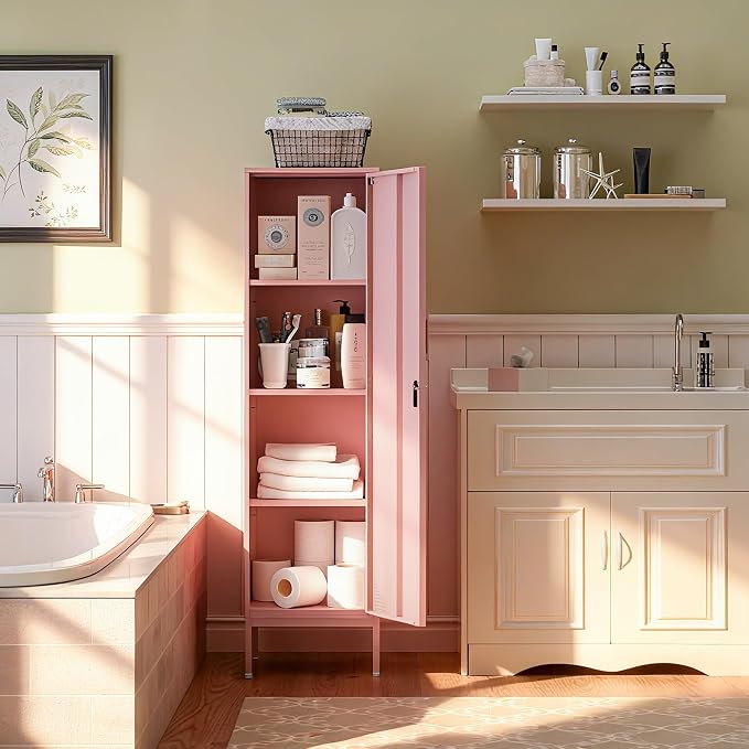 Locker Storage Cabinet Metal Locking Storage Cabinet (Pink) | With Door and Adjustable Shelves for Kitchen Pantry Home Office Bathroom School Dormitory