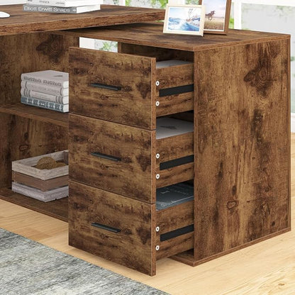 HSH L Shape Home Office Desk with Drawers, L-Shaped Computer Desk with Storage Cabinet Shelves, Wood Executive Desk for Writing Work, Reversible Study Table in Bedroom Living Room, Rustic Brown, 55 In
