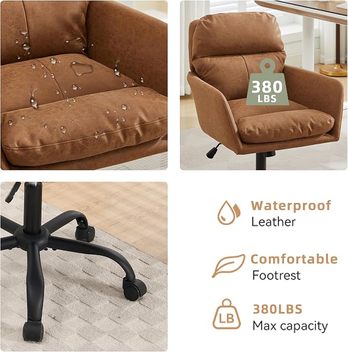 YITAI Adjustable Home Office Desk Chair with Comfy Square Mid-Back, Faux Leather 360 Swivel Upholstered Task Armchair with Wheels for Vanity Bedroom/Living Room,Study Brown