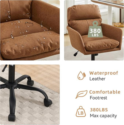 YITAI Adjustable Home Office Desk Chair with Comfy Square Mid-Back, Faux Leather 360 Swivel Upholstered Task Armchair with Wheels for Vanity Bedroom/Living Room,Study Brown