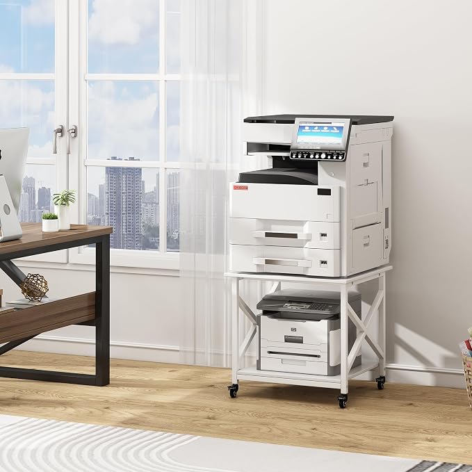 Fannova 23.6 x 23.6 Inches Large Printer Stand, 2 Tier Square Printer Table with Storage Shelf for Home Office, Multi-use Rolling Cart with Wheels for Laser, 3D Printer and Mini Fridge - White