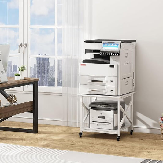 Fannova 23.6 x 23.6 Inches Large Printer Stand, 2 Tier Square Printer Table with Storage Shelf for Home Office, Multi-use Rolling Cart with Wheels for Laser, 3D Printer and Mini Fridge - White