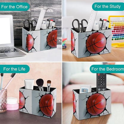 Niapessel Pencil Holder for Desk, Basketball Ball Pen Holder Storage Desktop Pen Organizer Desk Pencil Organizer Makeup Brush Holder for Office School College Leather