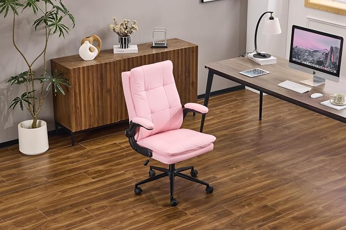 VINGLI Comfy Pink Leather Office Desk Chair,High-Back Ergonomic Computer Small Gaming Chair with/No Wheels,Adjustable Height,Flip-Up Arms,360° Swivel for Vanity,Home Office,Adults,Teen,Girls&Women