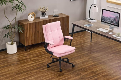 VINGLI Comfy Pink Leather Office Desk Chair,High-Back Ergonomic Computer Small Gaming Chair with/No Wheels,Adjustable Height,Flip-Up Arms,360° Swivel for Vanity,Home Office,Adults,Teen,Girls&Women