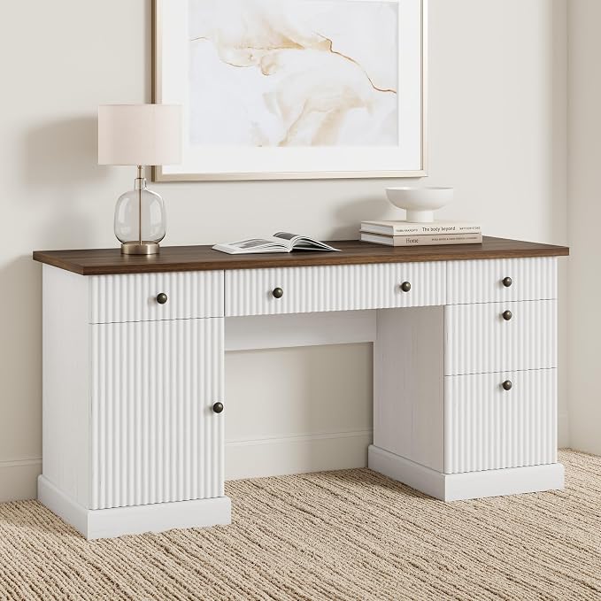 Garvee Fluted Home Office Desk Storage, 60" Modern Executive Desk with Charging Station, Wooden Computer Writing Desk with File Cabinet & Drawers for Study, Living Room, Bedroom-Brown&White