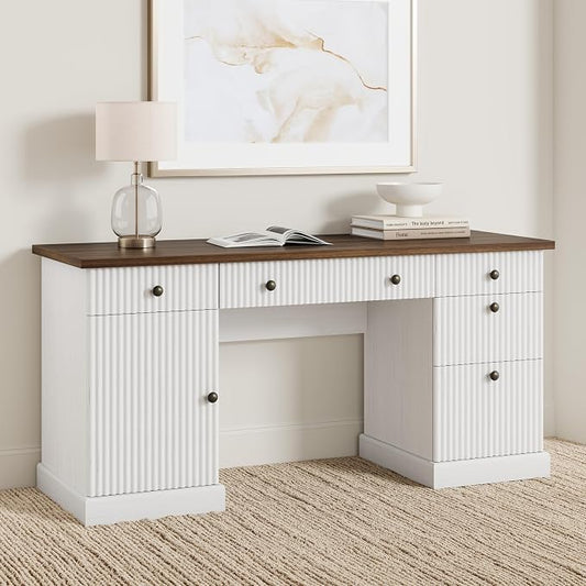 Garvee Fluted Home Office Desk Storage, 60" Modern Executive Desk with Charging Station, Wooden Computer Writing Desk with File Cabinet & Drawers for Study, Living Room, Bedroom-Brown&White